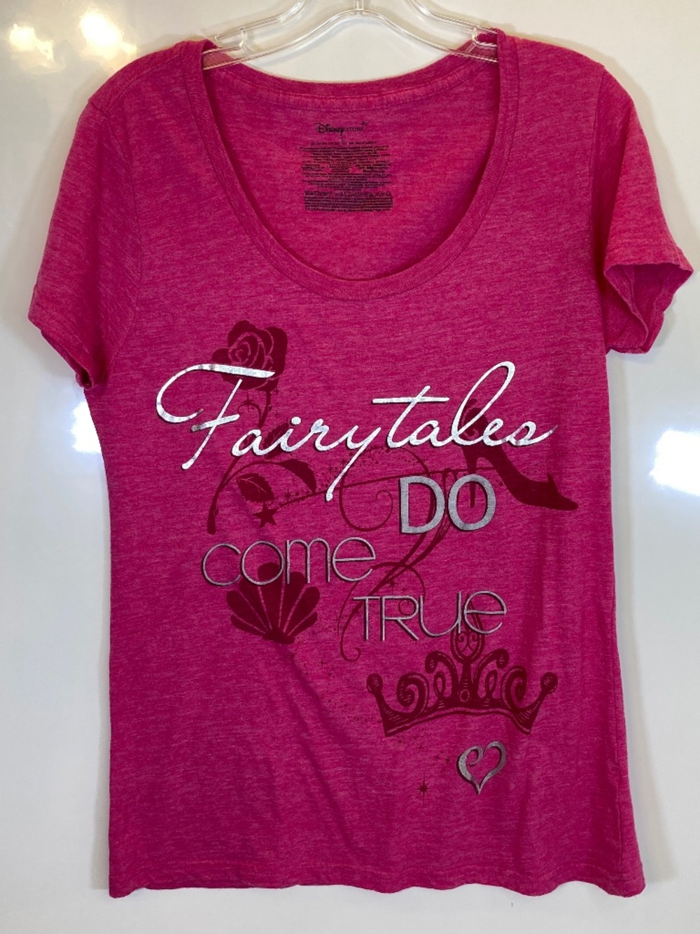 Disney Pink Fairytales Do Come True Shirt Sz L Short Sleeve Silver Accent